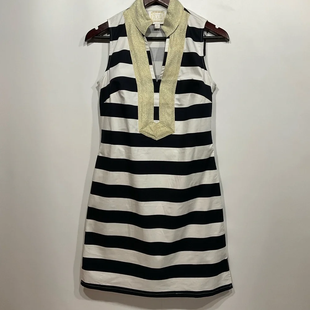 STS Sail to Sable navy & white striped dress gold collar & neckline, side zip XS - Picture 1 of 16